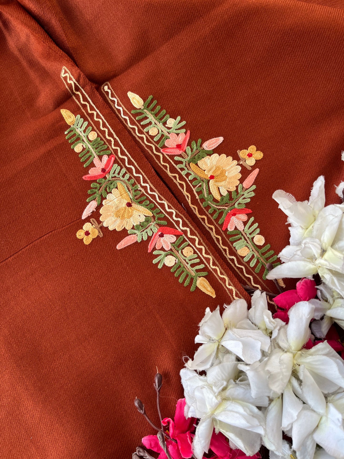 Rust Orange Woollen Aari Embroidered 2pc suit 5mtr