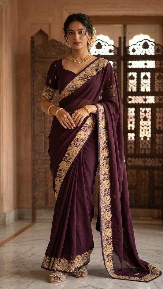 Wine Crape Kashmiri Tilla Saree