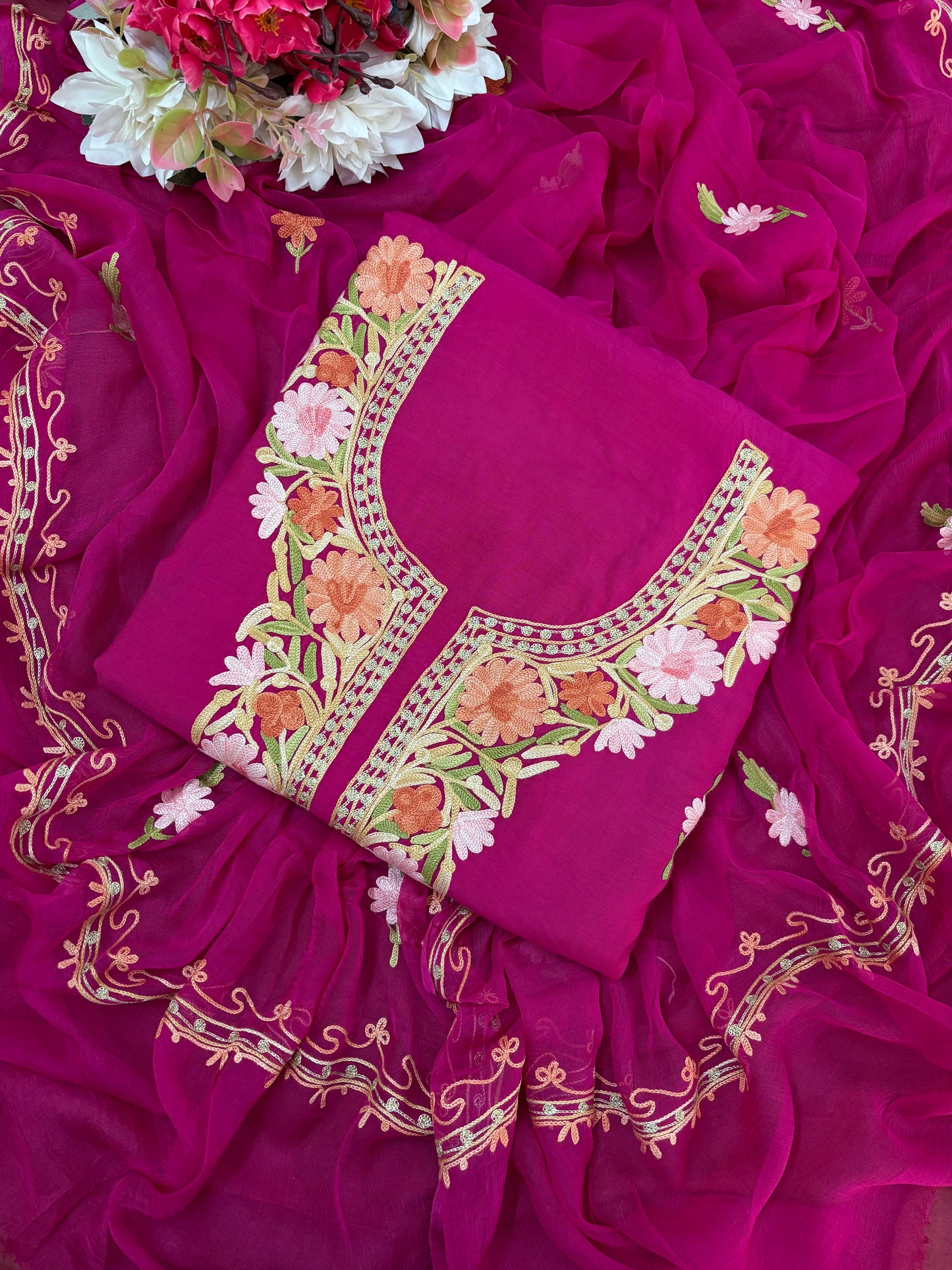 Hot Pink Muslin Cotton Jaal Sleeves Kashmiri 3pc Suit
