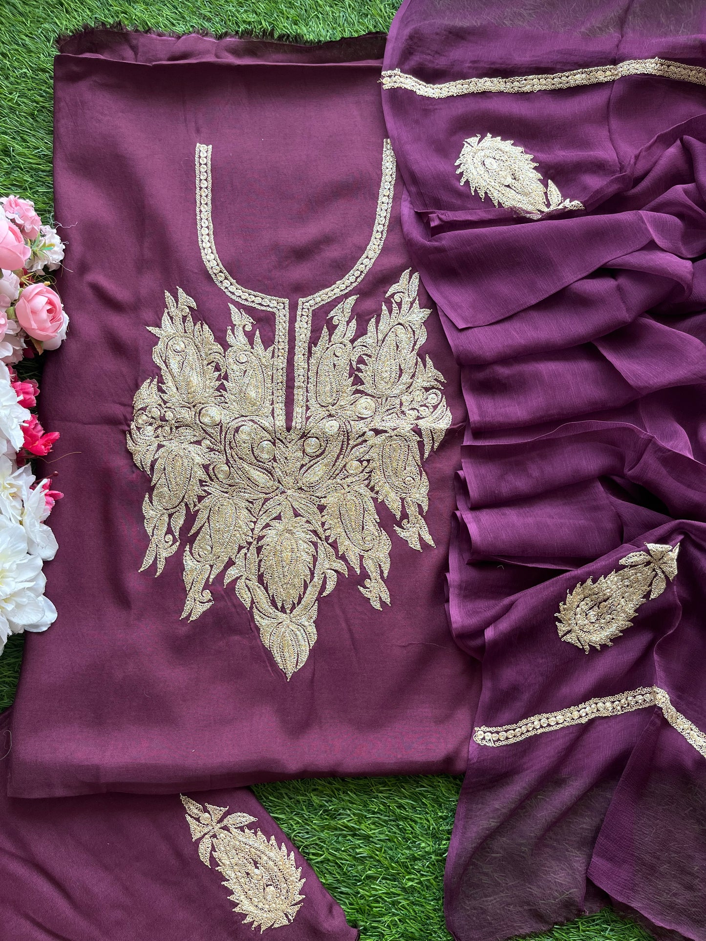 ‘Kalaa’ Wine Muslin Silk Tilla Embroidered Suit material