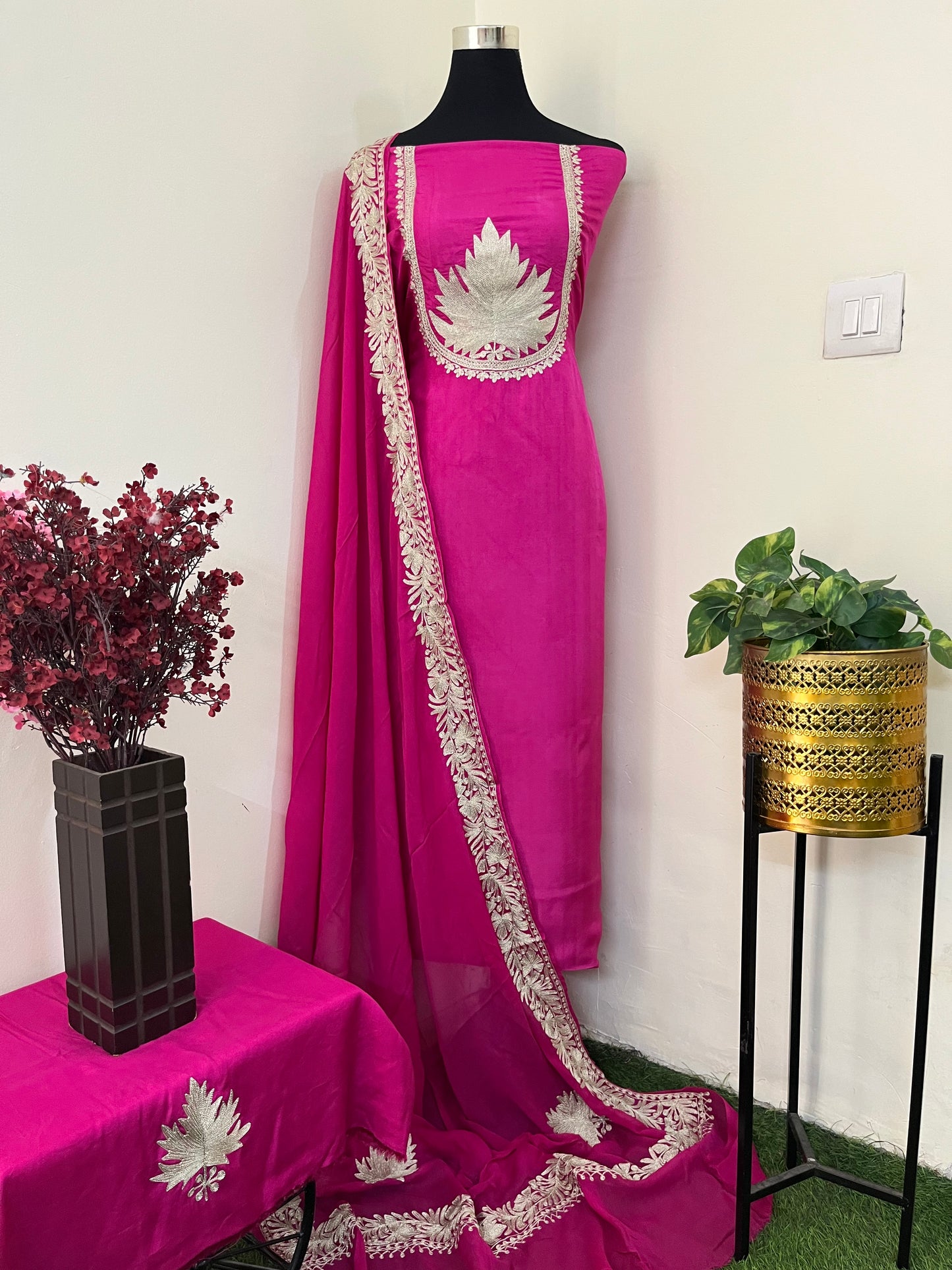 Sanam’ Fuchsia Pink Tilla Embroidered Suit material
