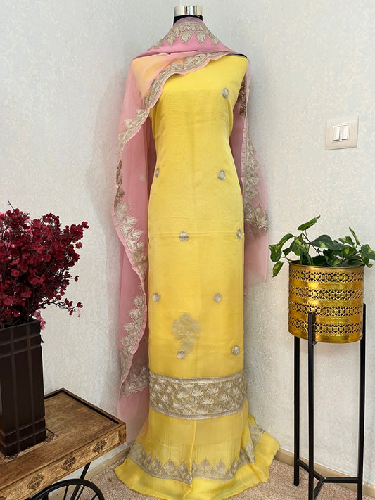 Lemon Yellow Soft Tissue Kashmiri Suit