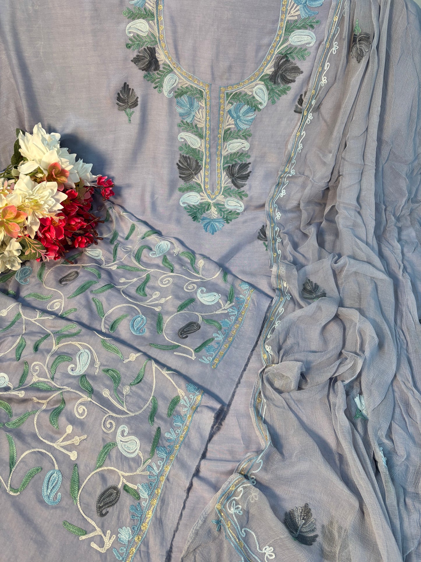 English Grey Muslin Cotton Jaal Sleeves Kashmiri 3pc Suit