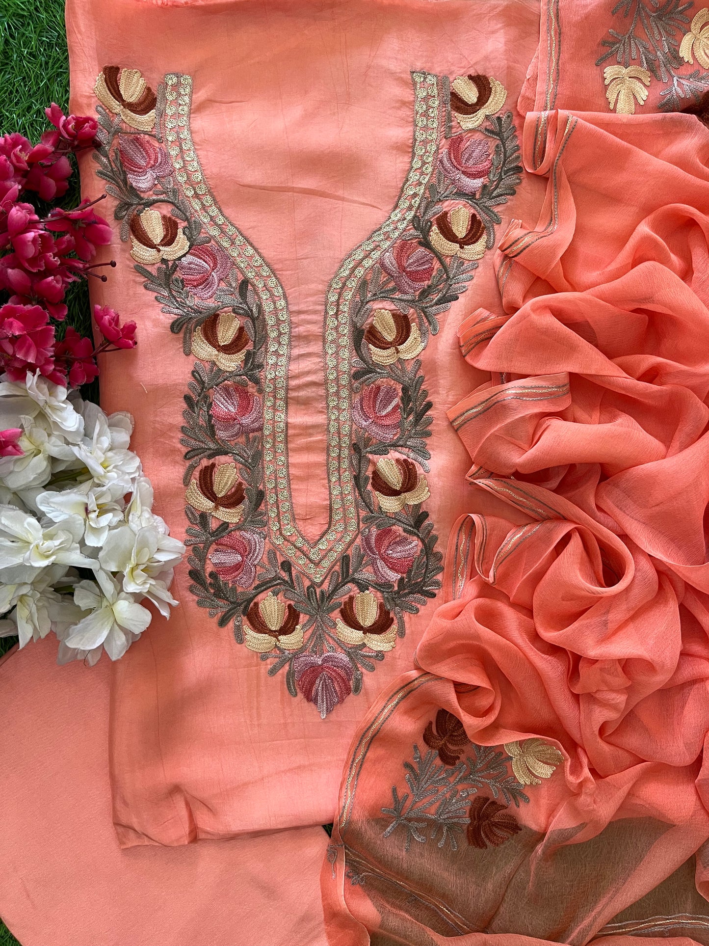 Peach Opada Silk Aari Embroidered Suit material