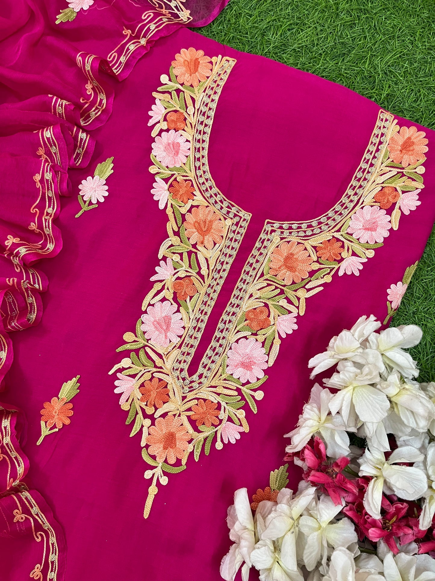 Hot Pink Muslin Cotton Jaal Sleeves Kashmiri 3pc Suit