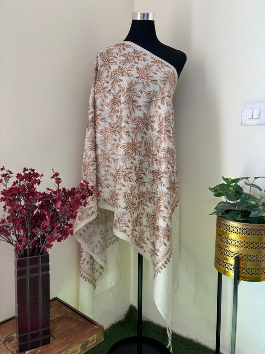 Cream Mor Kashmiri Semi Pashmina Stole
