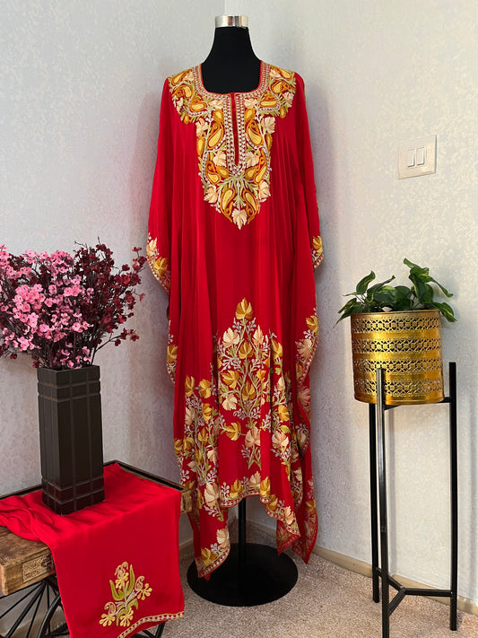 Red Pure Crape Kashmiri Kaftan