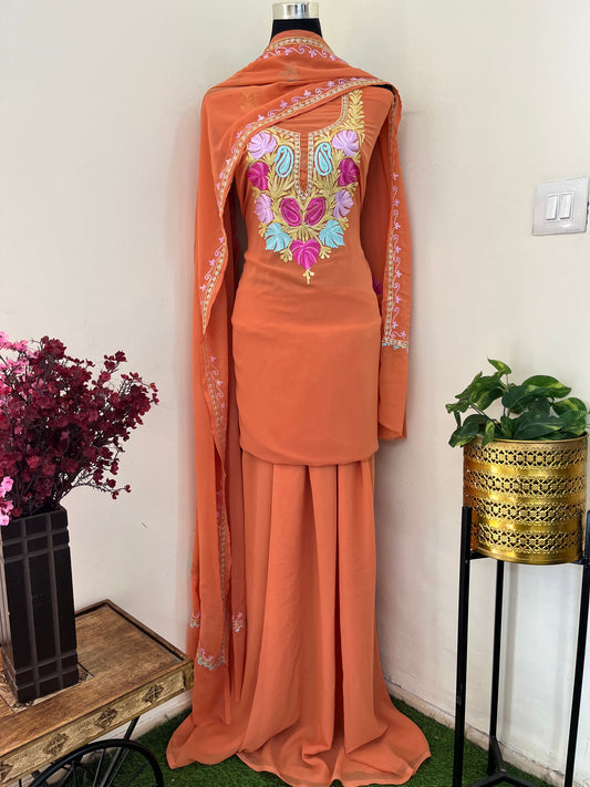 Soft Orange Georgette 3 Pc Aari Embroidered Suit Set
