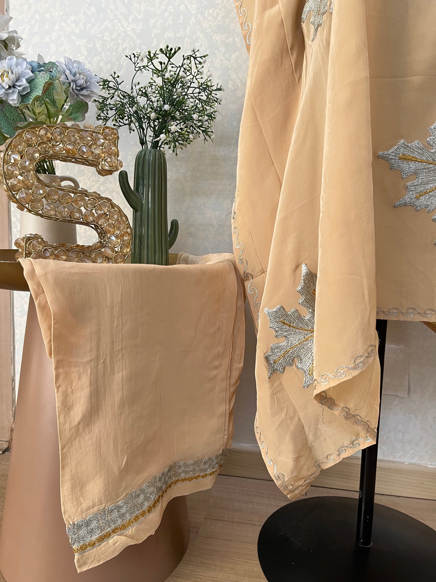 Beige Crape Kashmiri Kaftan Set