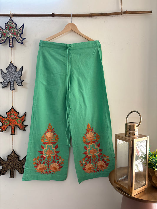 Women Green Solid Cropped Wide Leg Aari Embroidered Palazzos ‘L’