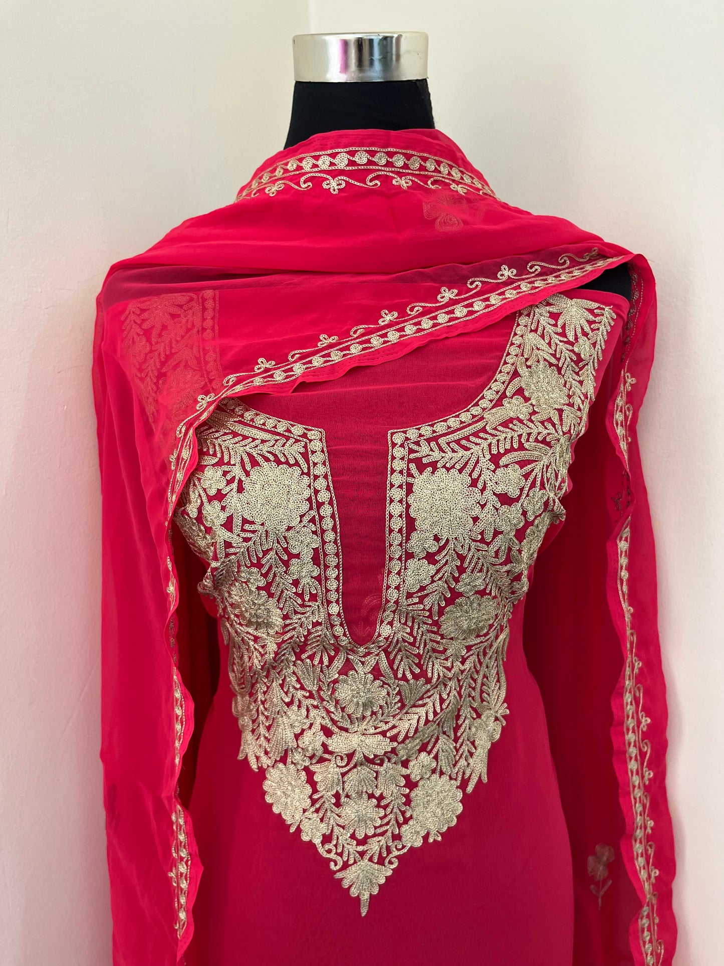 Carrot Pink Georgette 3pc Kashmiri Tilla Suit