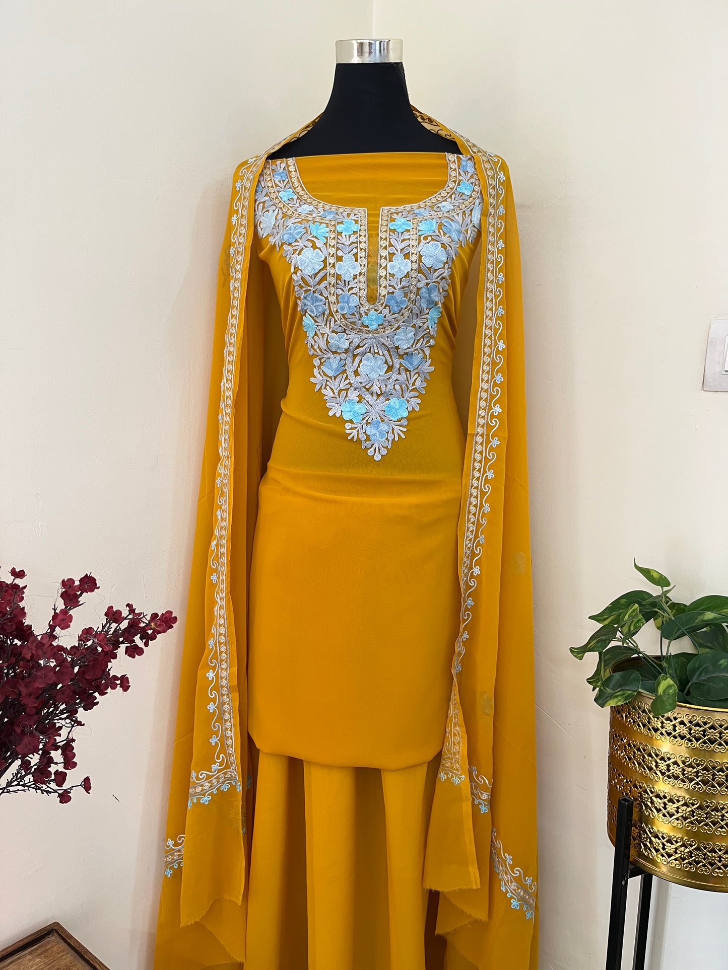 Mustard Georgette 3 Pc Aari Embroidered Suit Set