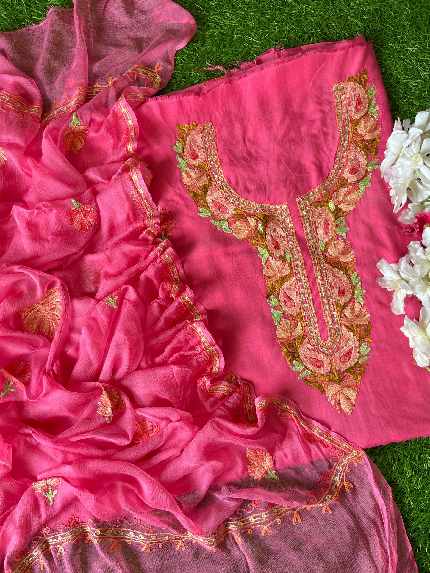 Pink Muslin Cotton Jaal Sleeves Kashmiri 3pc Suit