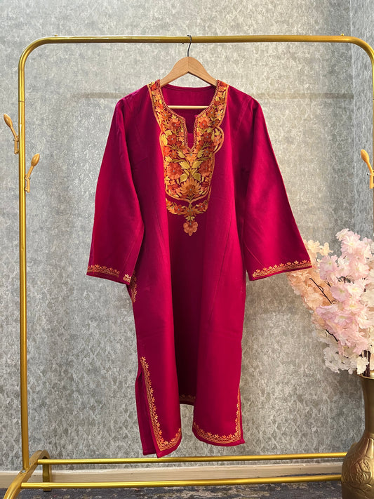 Hot Pink Aari Embroidered Wool Pheran