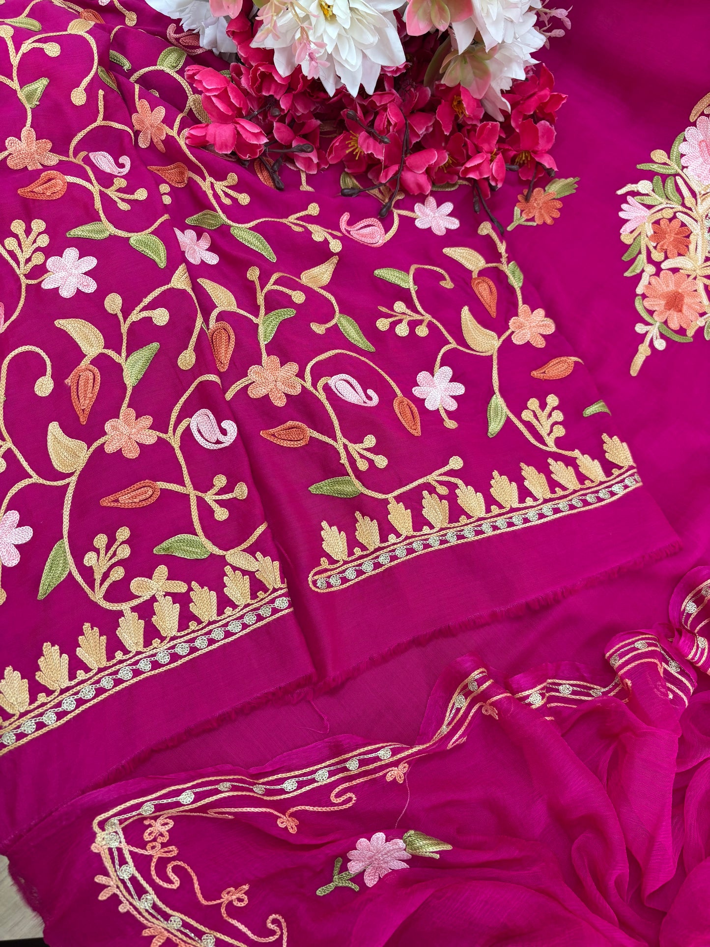 Hot Pink Muslin Cotton Jaal Sleeves Kashmiri 3pc Suit