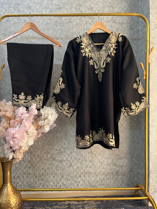 Black Woollen Kashmiri Co-Ord Set ( Size 46)