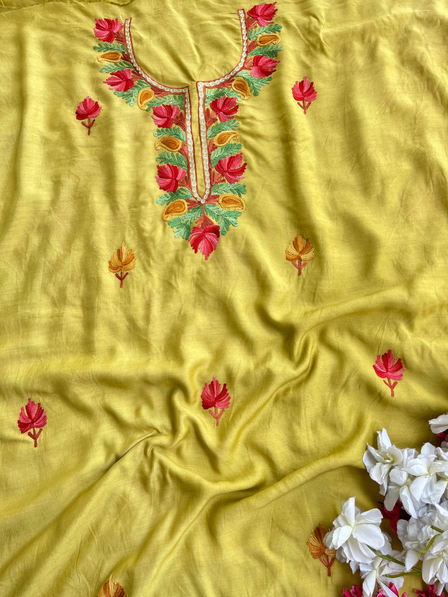 Soft Green Muslin Cotton Jaal Sleeves Kashmiri 3pc Suit