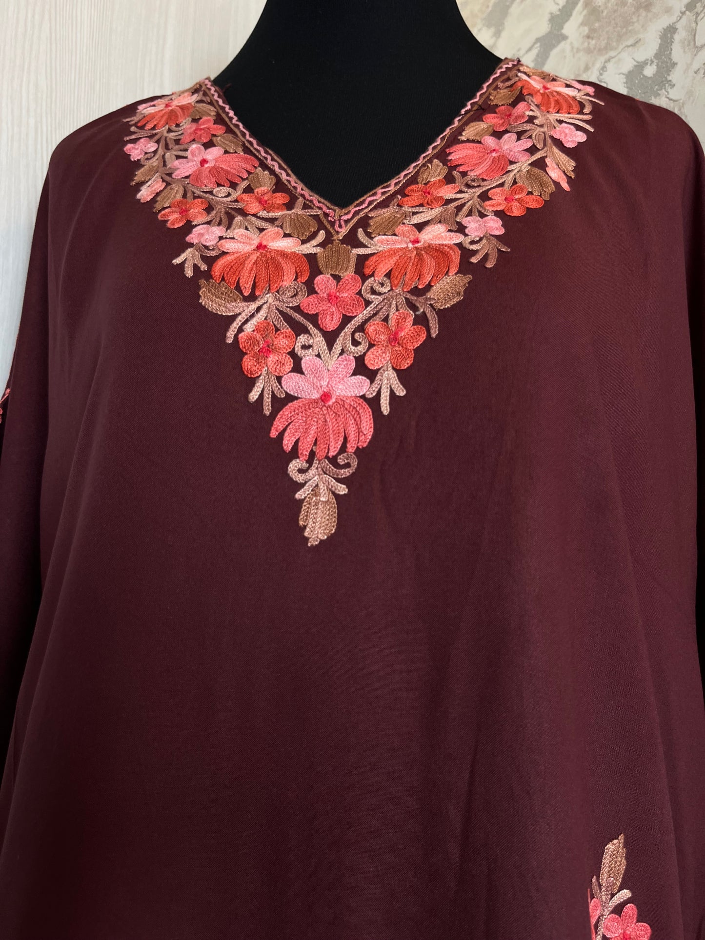 Maroonish Brown Cotton Aari embroidered Kaftan