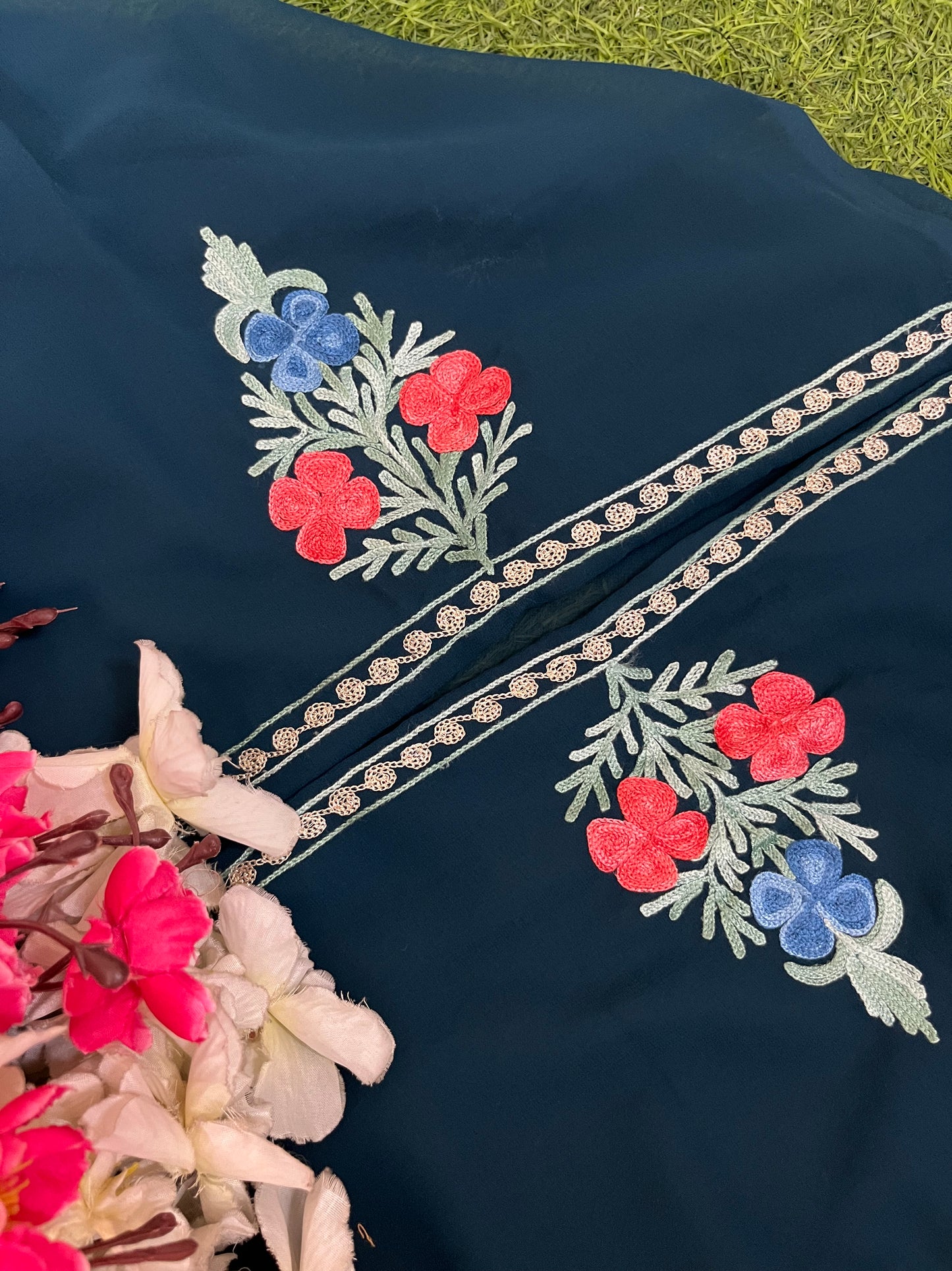 Teal blue Georgette 3 Pc Aari Embroidered Suit Set