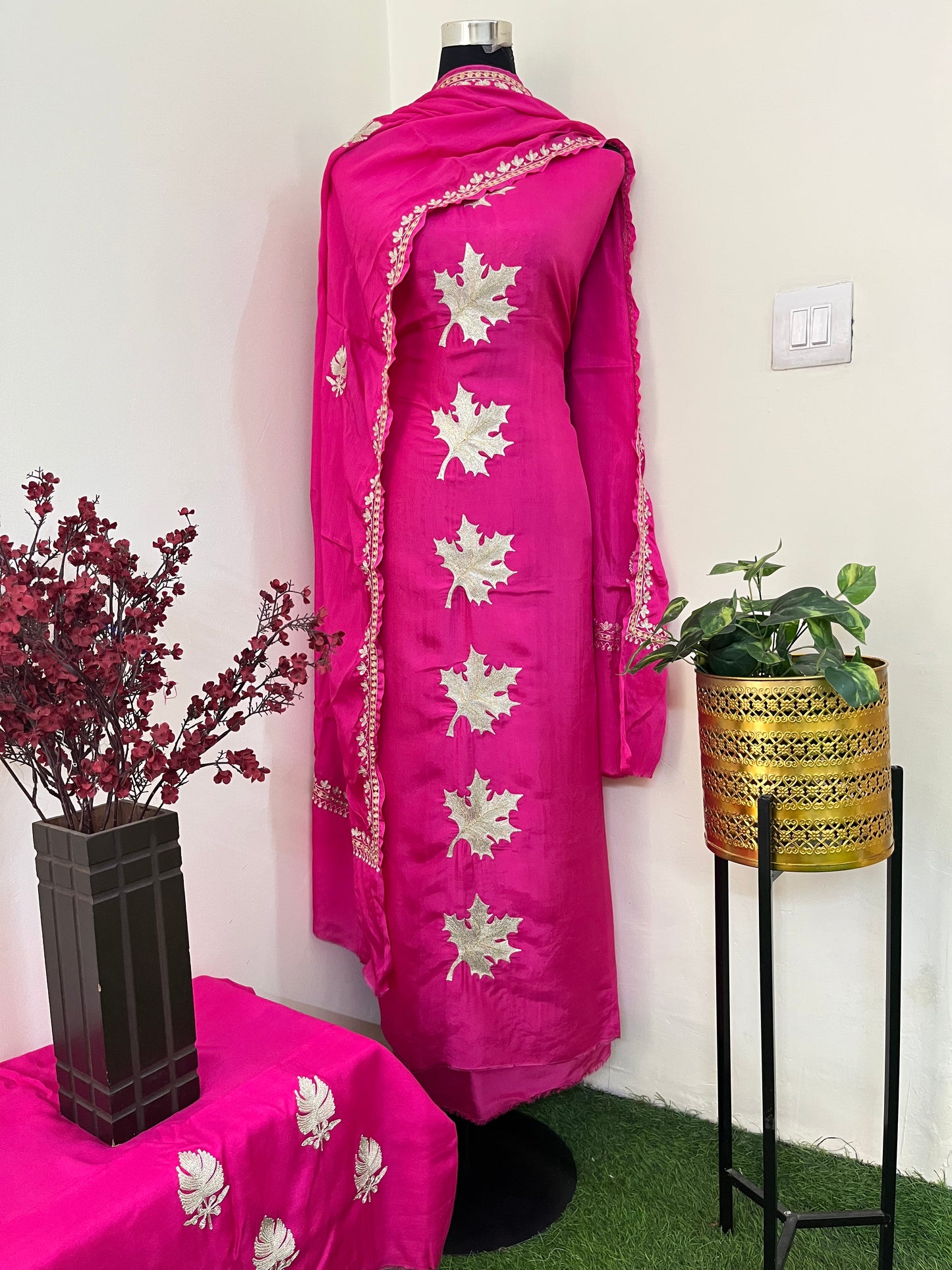 ‘Kalaa’ Fuchsia Pink Opada Silk Tilla Embroidered Suit material