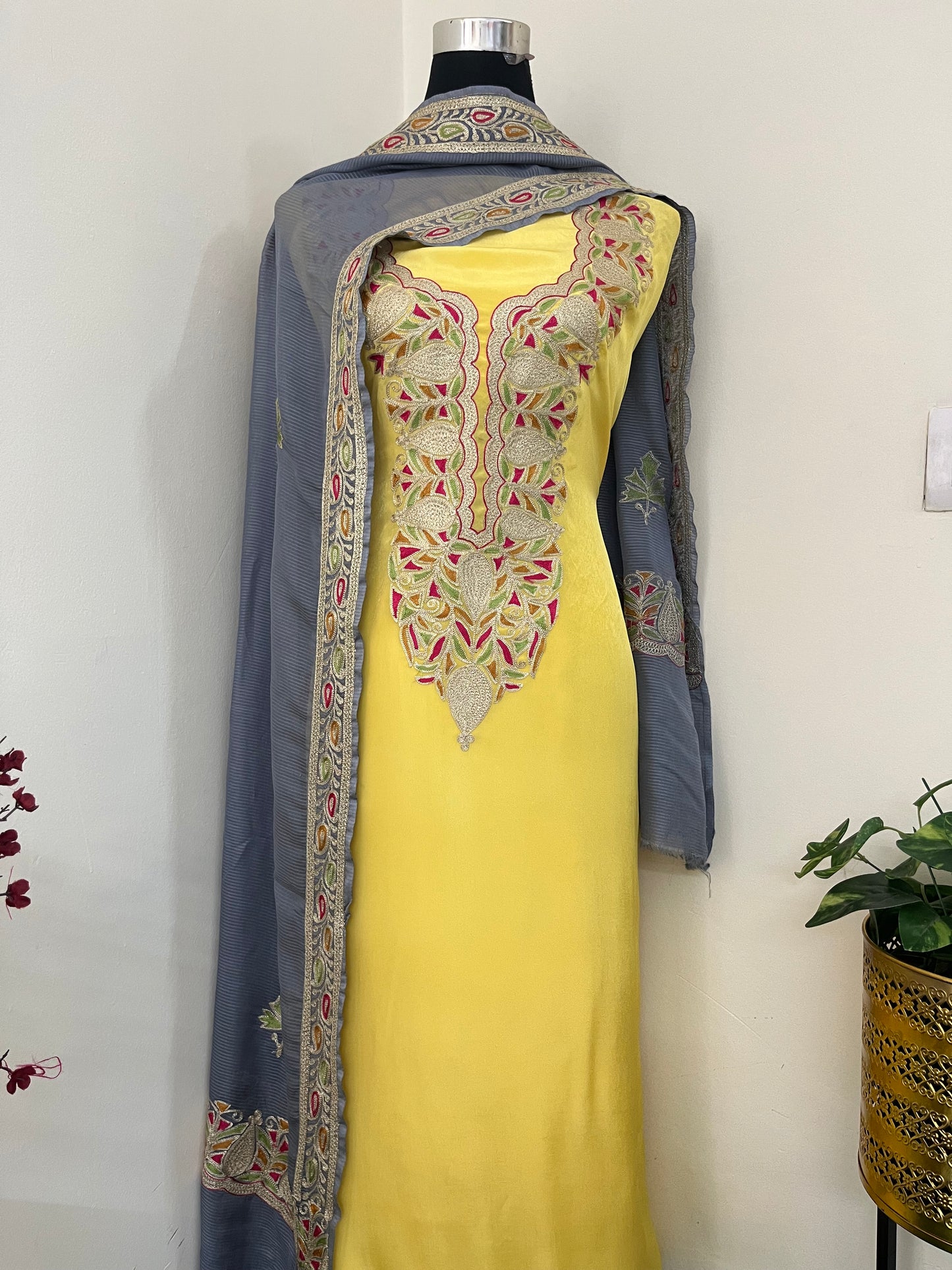 ‘Kalaa’ Lemon Yellow Crape Kashmiri Suit