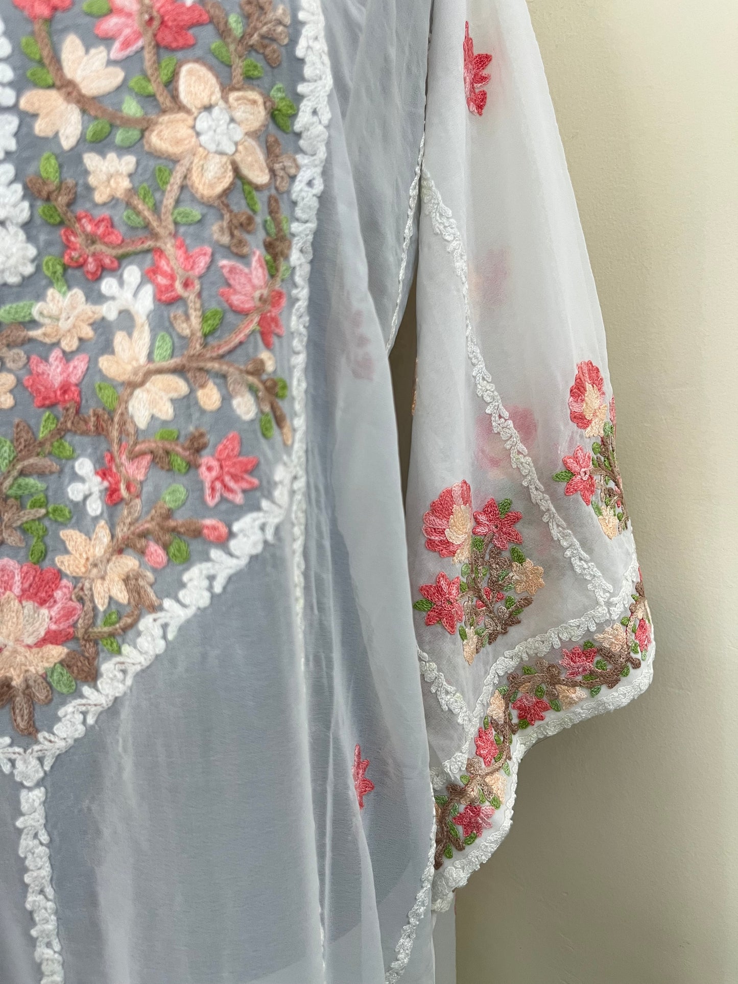 Off White Georgette All over Work Aari Embroidered Unstitched Kurta