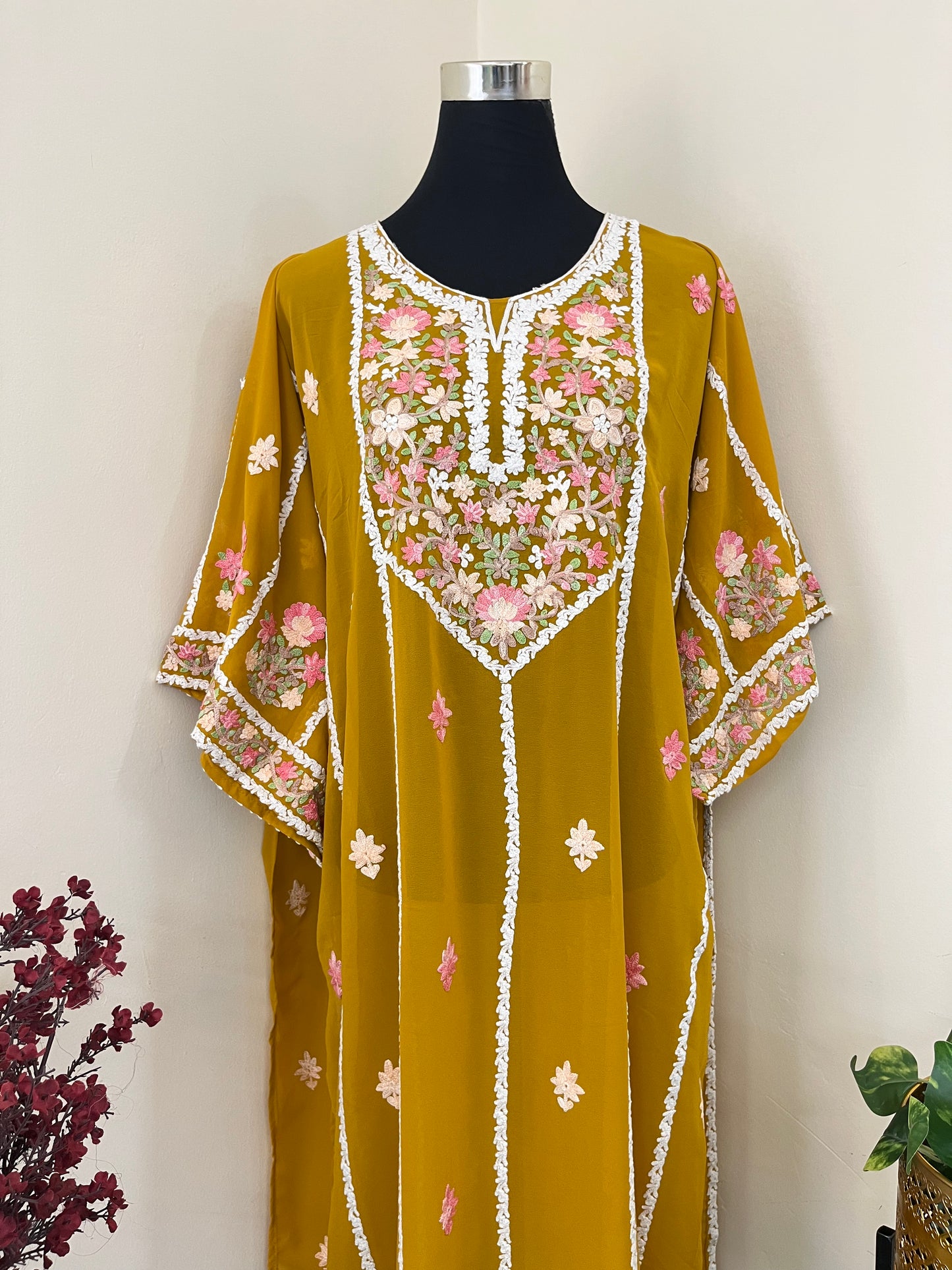 Mustard Georgette All over Work Aari Embroidered Unstitched Kurta
