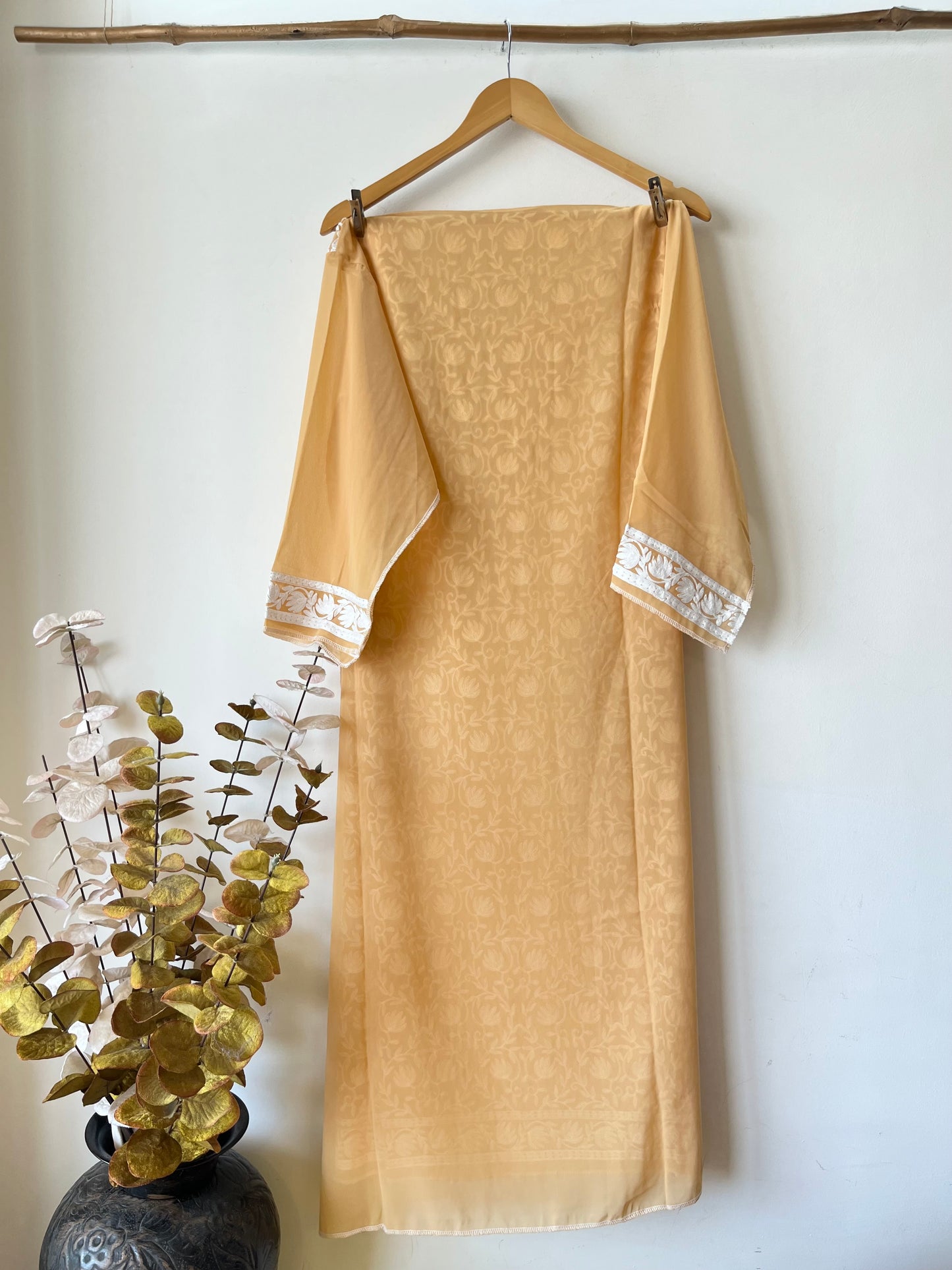 Georgette Brownish Yellow Jaal Work Aari Embroidered Semistitched Kurta Material