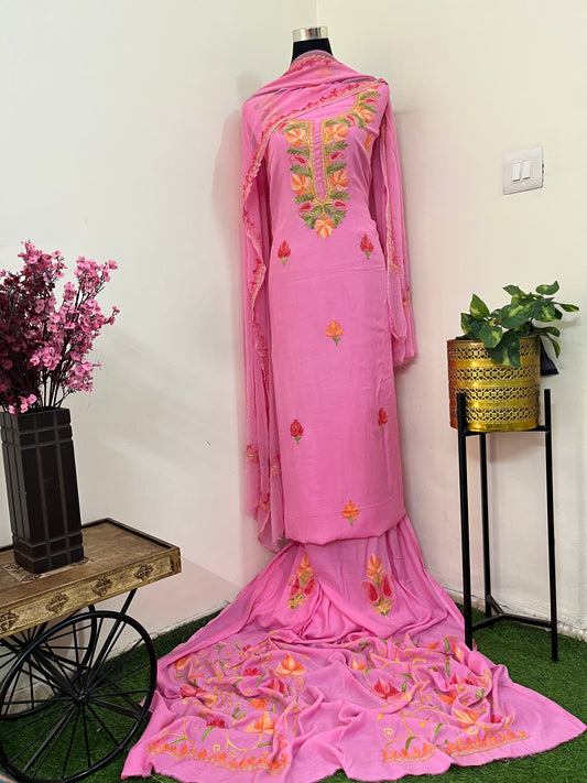 Soft Pink Muslin Cotton Jaal Sleeves Kashmiri 3pc Suit