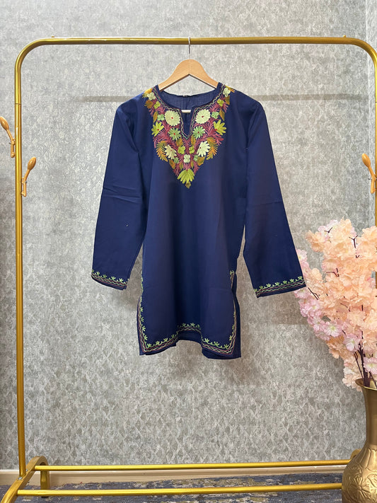 Navy Blue Cotton Aari Work Kurti