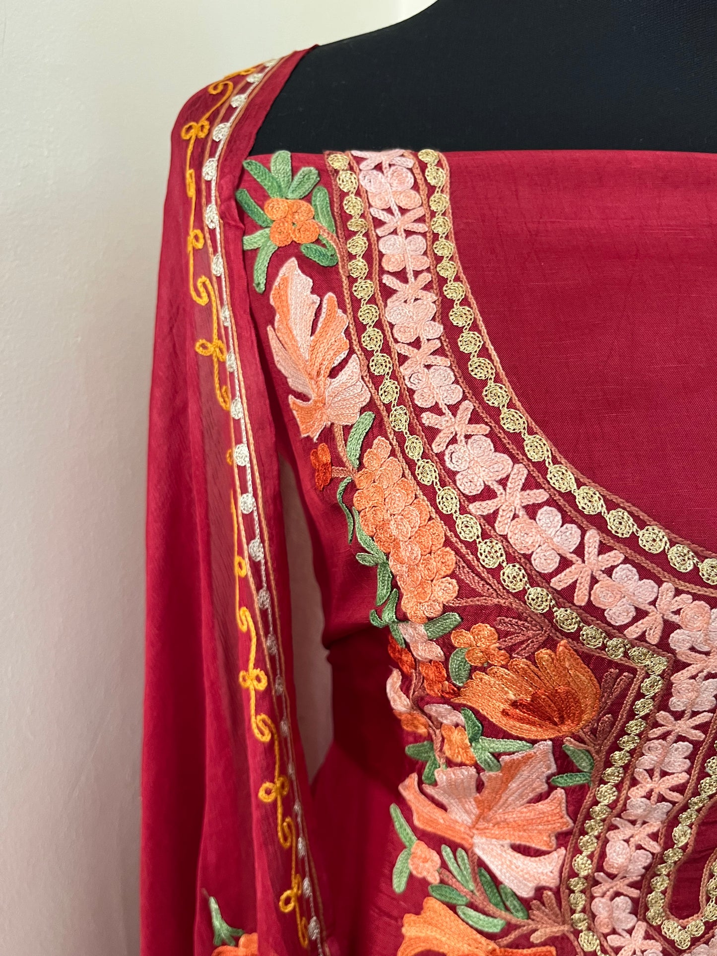 Maroon Opada Silk Aari Embroidered Suit material
