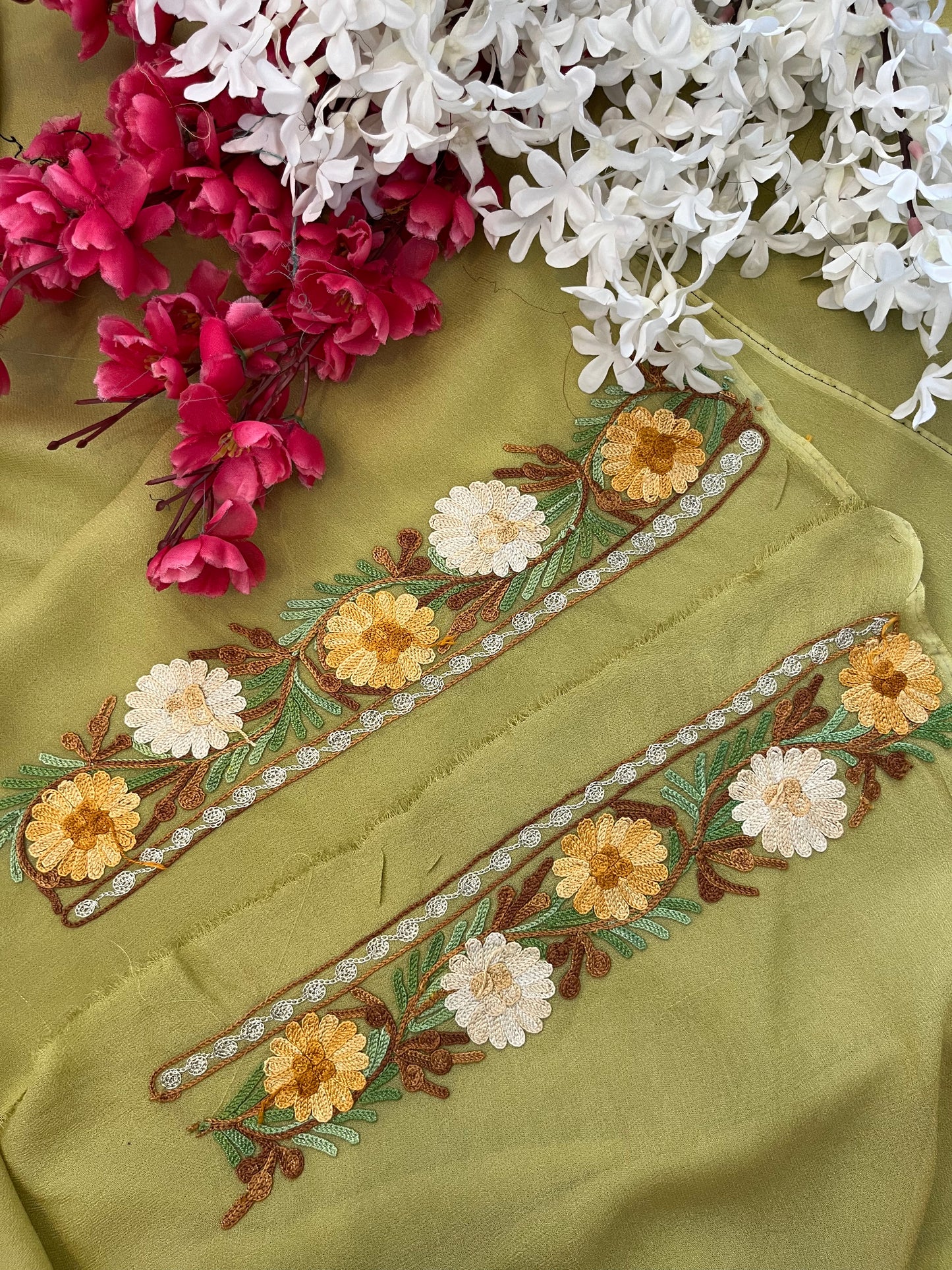 Lemon Green Pure Georgette Aari Embroidered Suit