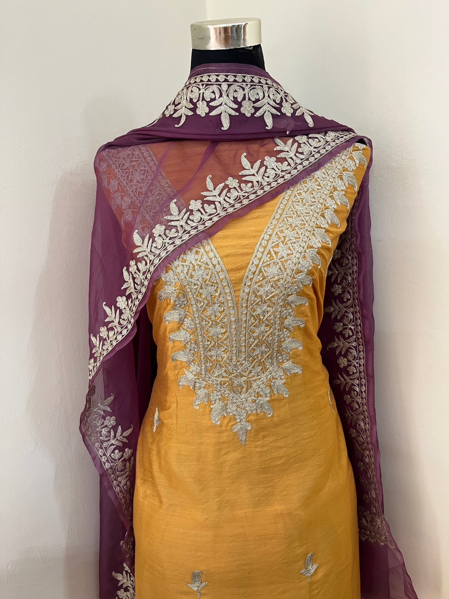 Golden Yellow Chanderi Silk Kashmiri Suit