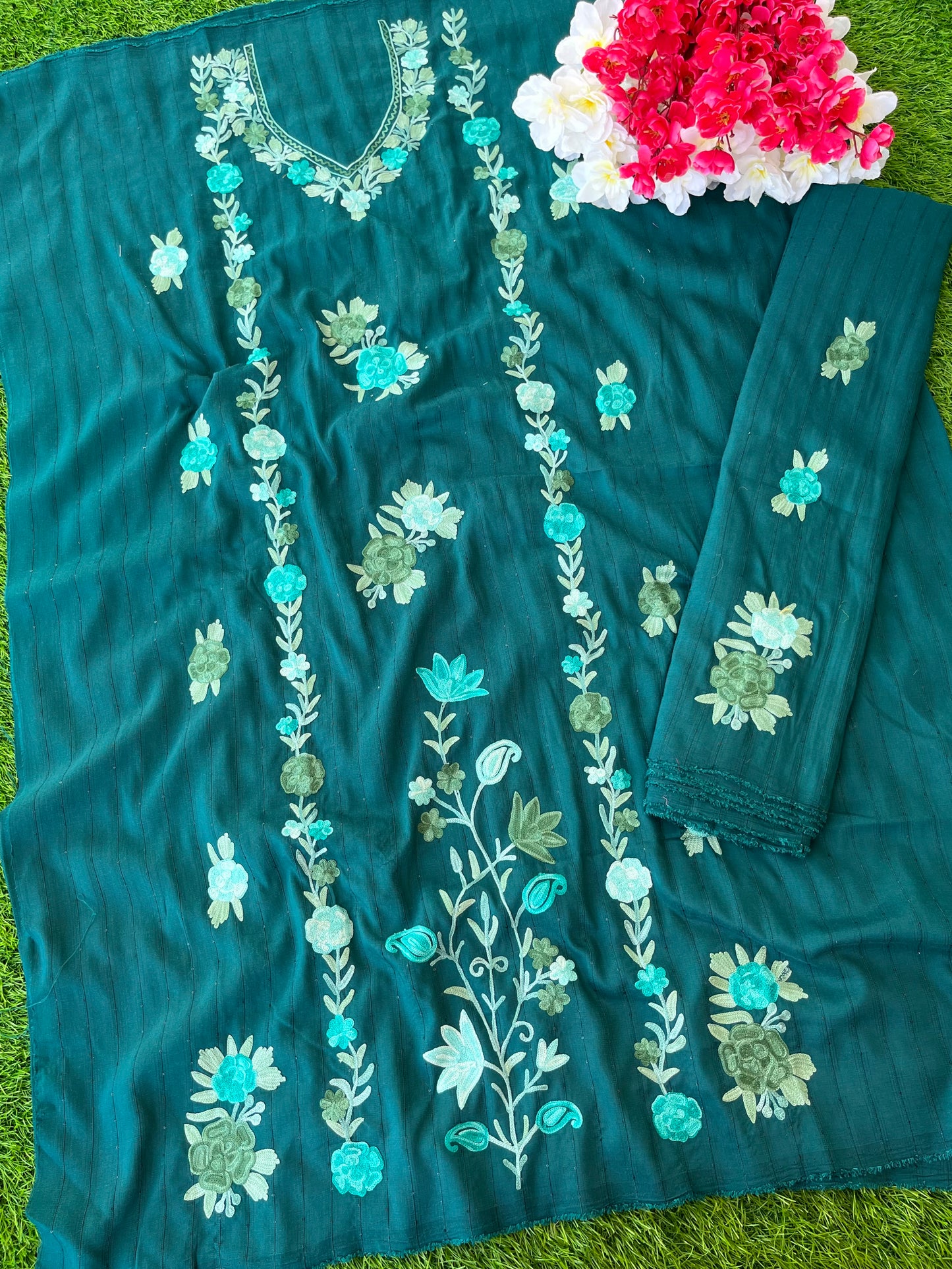 Deep Green Muslin Cotton Striped Sequin Pattern Unstitched Co-ord Set