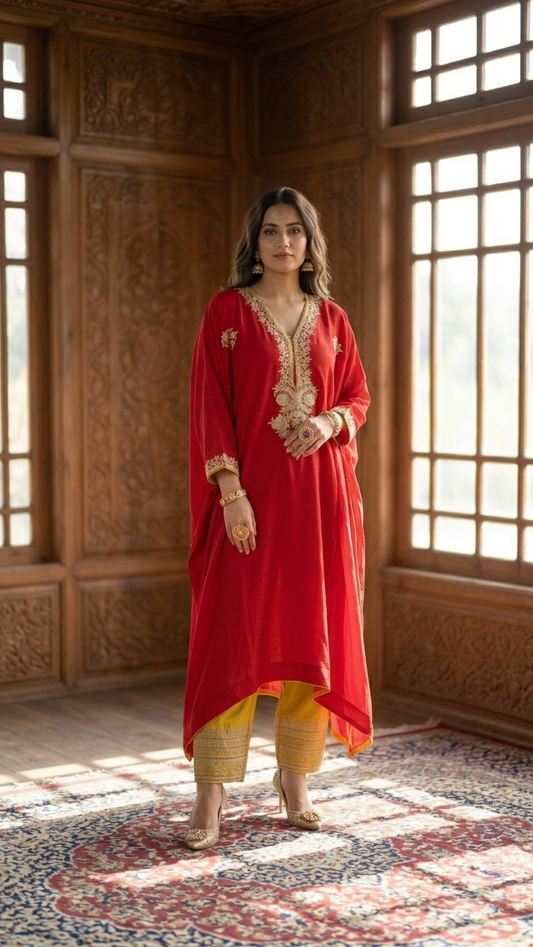 Red Crape Kashmiri Kaftan Set size (44)