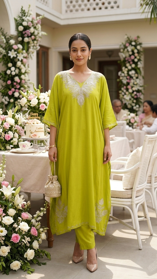 Neon Green Rayon Cotton Kashmiri Tilla Kaftan