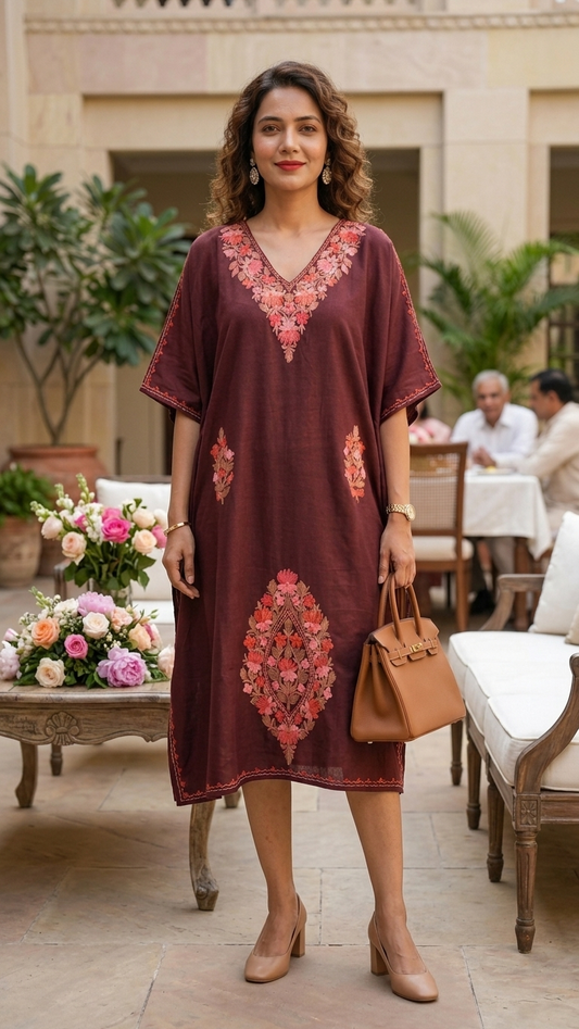 Maroonish Brown Cotton Aari embroidered Kaftan
