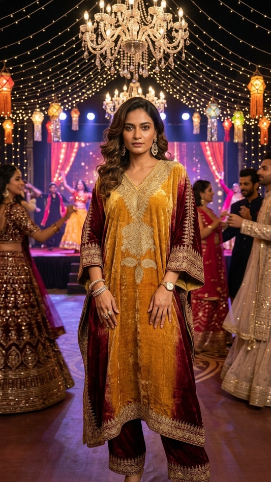 Gold Tilla Embroidered Pure Makhmal Kashmiri Kaftan Set