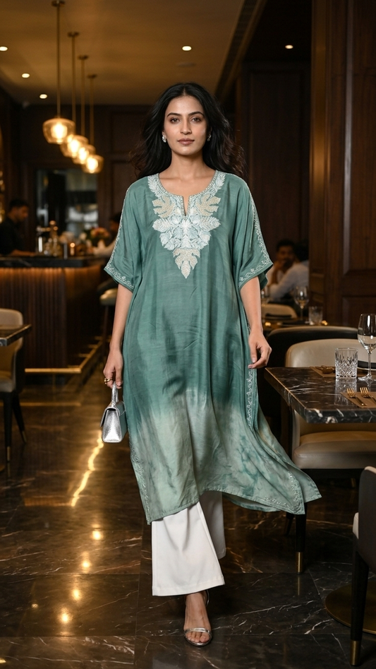 Green Pure Muslin Cotton Kashmiri Kaftan