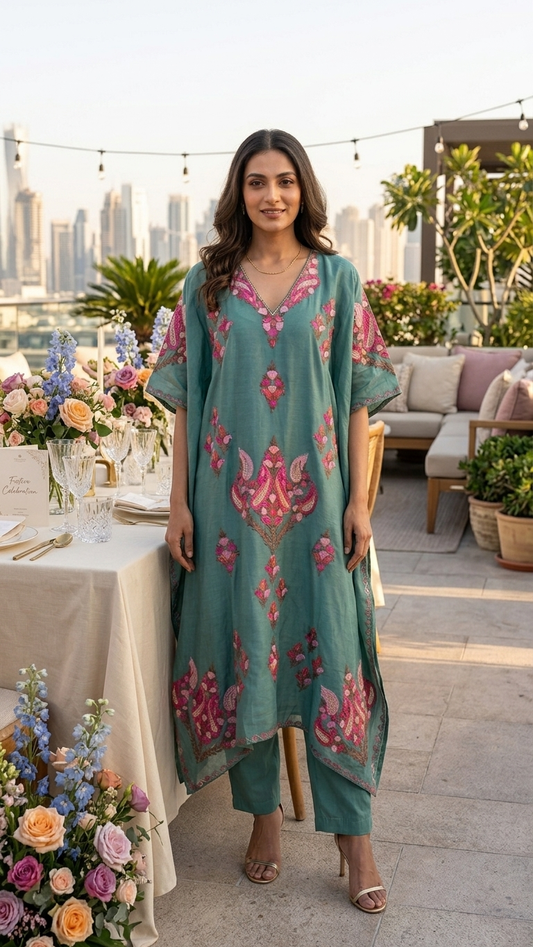 Soft Green Opada Silk Kashmiri Kaftan Set