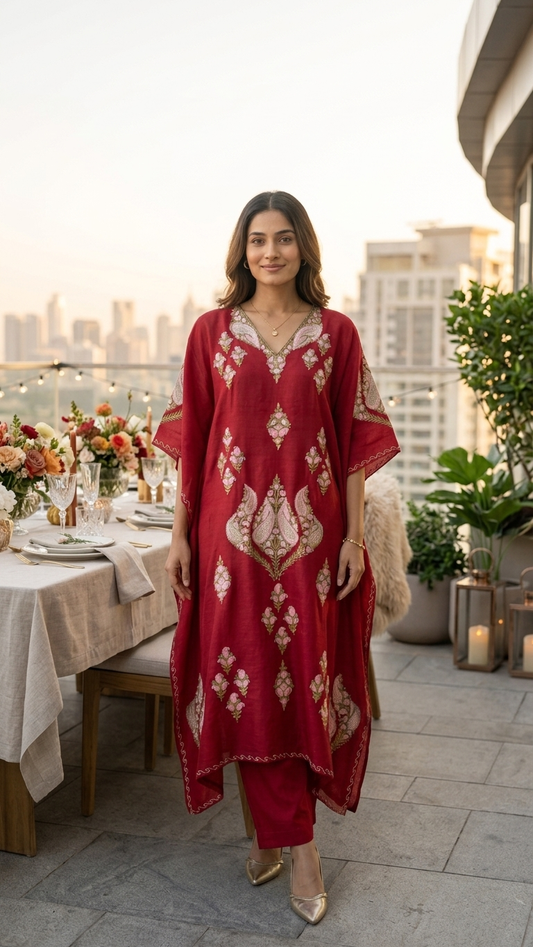 Maroon Opada Silk Kashmiri Kaftan Set