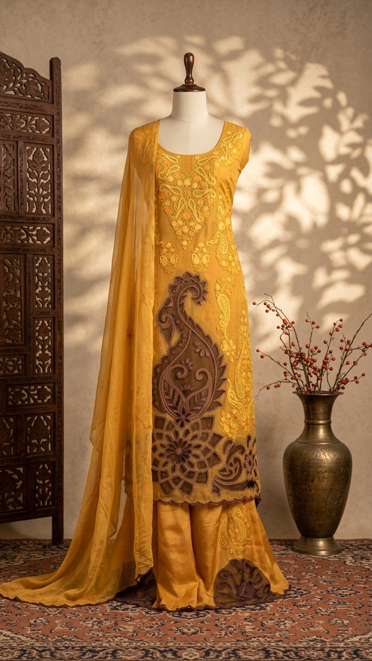 Mustard Yellow Pure Organza Cut Work Kashmiri Suit