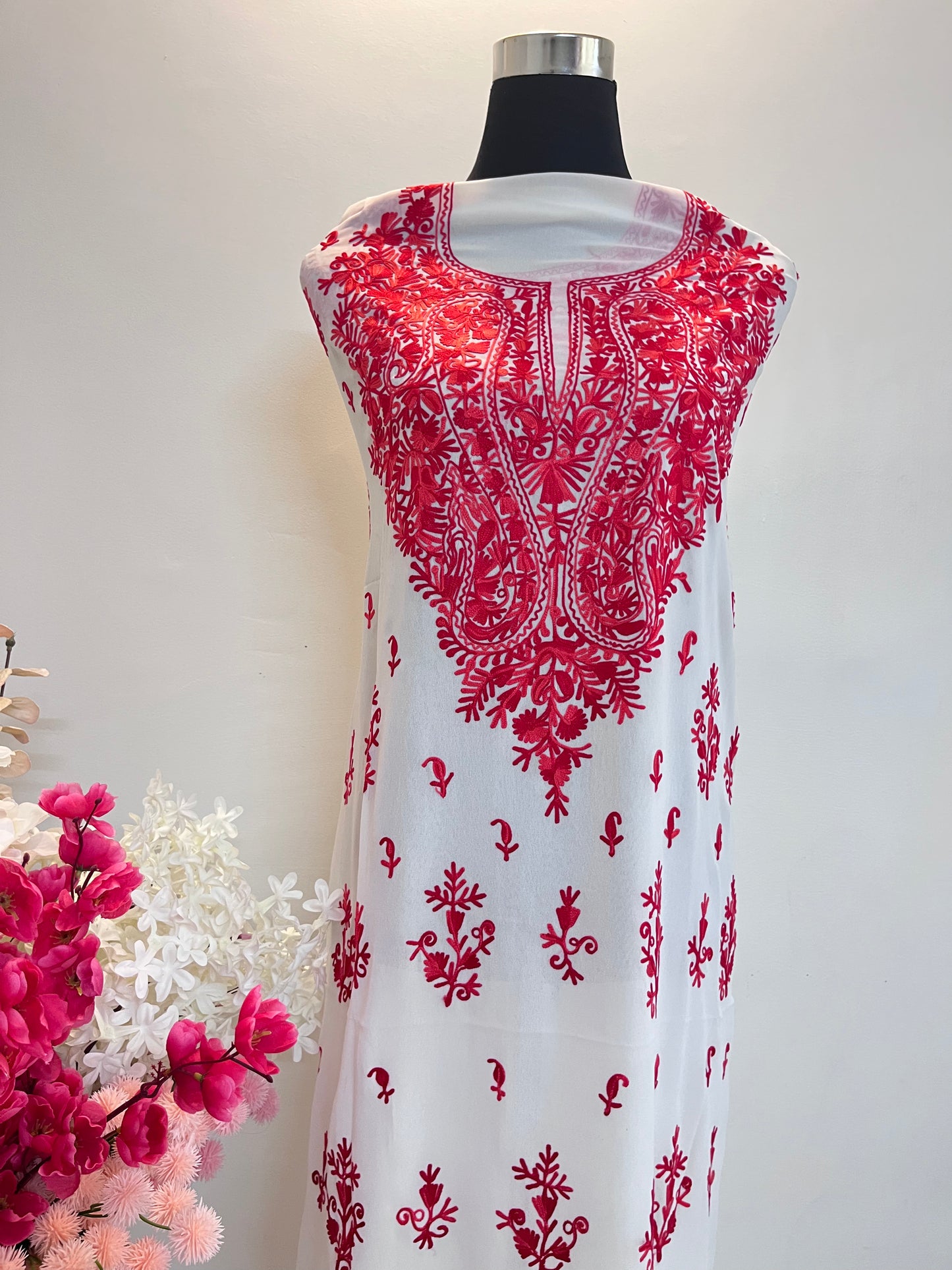 Off-White (Red) Georgette Kashmiri Kurta Material