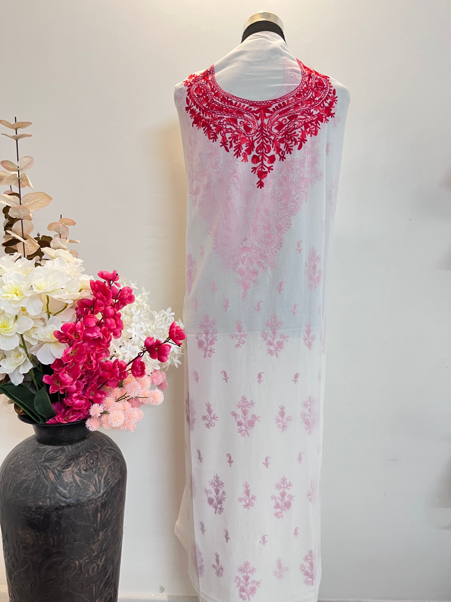 Off-White (Red) Georgette Kashmiri Kurta Material