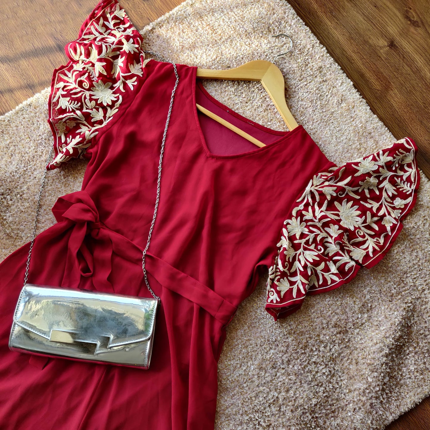 Women Red Long Aari Embroidered Dress