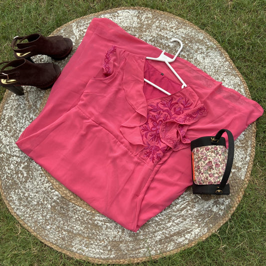 Women Pink Long Aari Embroidered Dress