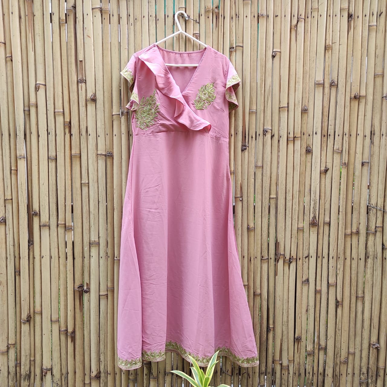 Women Pink Long Aari Embroidered Dress