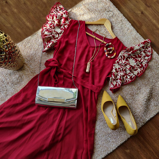 Women Red Long Aari Embroidered Dress