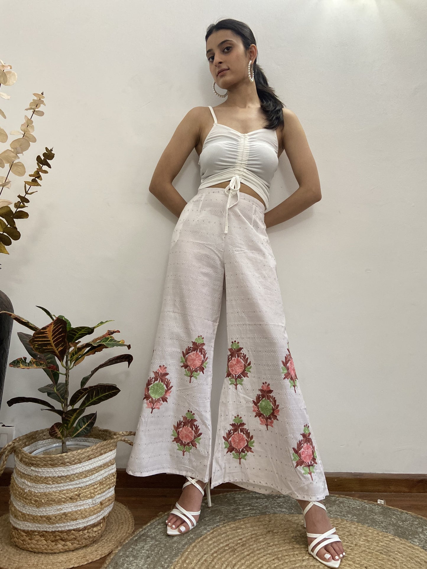 Women Off White Aari Embroidered Palazzos