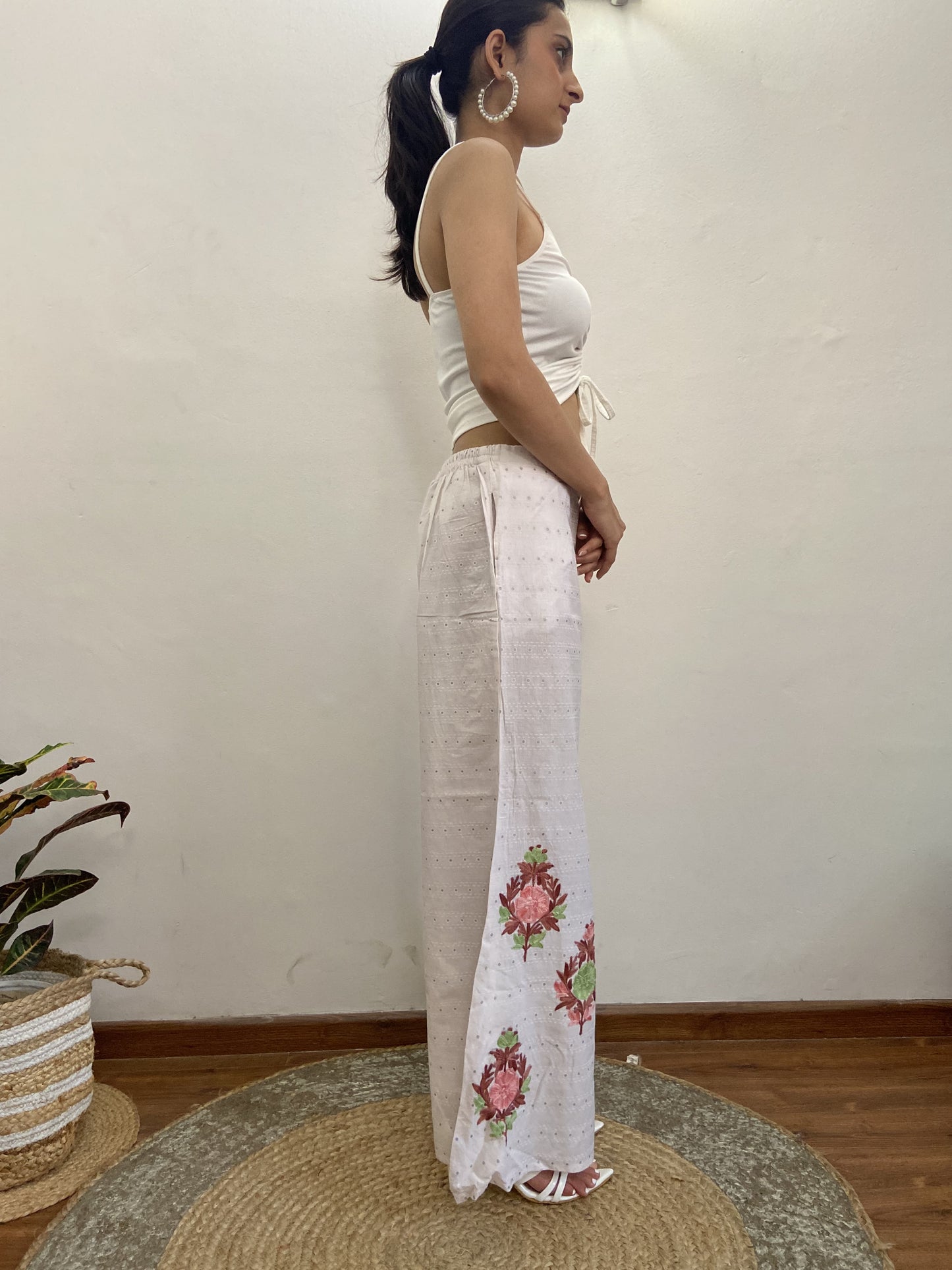 Women Off White Aari Embroidered Palazzos